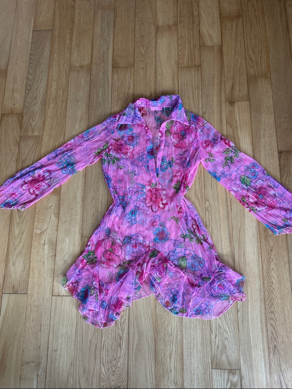 Vintage Sheer Pink Floral Ruffle Hem Mini Dress